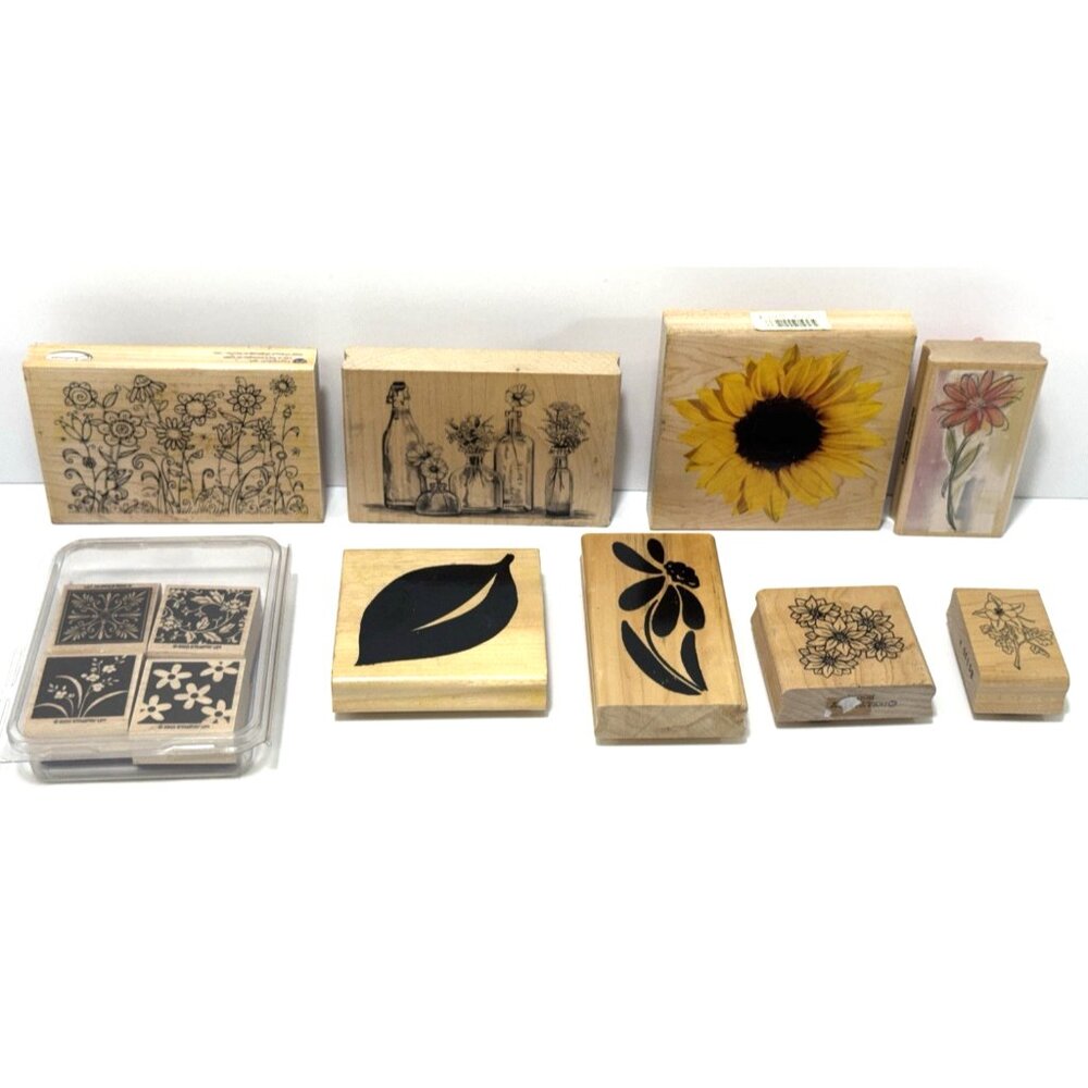 Lot Of 12 Wood Mounted Rubber Stamps-Flowers Leaves Scrapbooking Crafting Cards